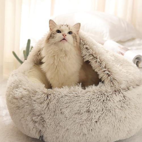 Höhle für Katzen, Welpen und kleine und mittelgroße Hunde, beruhigende Katzenhöhle, warm und flauschig, für den Innenbereich geeignet (Samt, 40 cm, Hellbraun) von Ninesun
