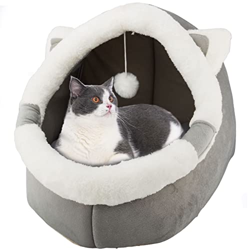 Katzenbetten für den Innenbereich mit hängendem Spielzeug, kleines Hundehöhlenbett mit Anti-Rutsch, Kätzchen-Zelt, abnehmbares gepolstertes Kissen, superweiche von Ninesun