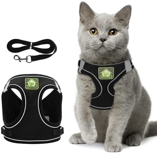 Katzengeschirr gegen Auskommen, reflektierendes Katzengeschirr, atmungsaktiv und verstellbar, Halsband und Leine aus Mesh für Haustiere, Kaninchen, Katzen und Welpen (schwarz) S von Ninesun