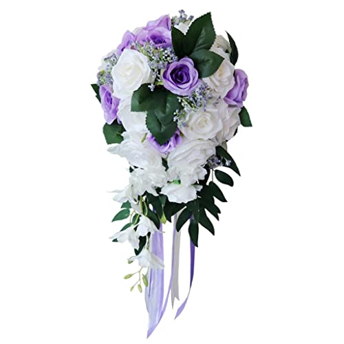 Nishiyuenyi Brautstrauß mit Wasserfall Und Künstlichen Rosen, Weiß Lila Nishiyuenyi Brautstrauß mit Wasserfall Und Künstlichen Rosen, Weiß Lila von Nishiyuenyi