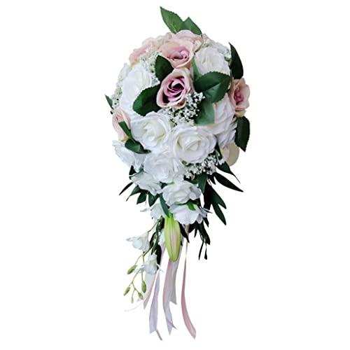 Nishiyuenyi Brautstrauß mit Wasserfall Und Künstlichen Rosen, Weiß Rosa Nishiyuenyi Brautstrauß mit Wasserfall Und Künstlichen Rosen, Weiß Rosa von Nishiyuenyi