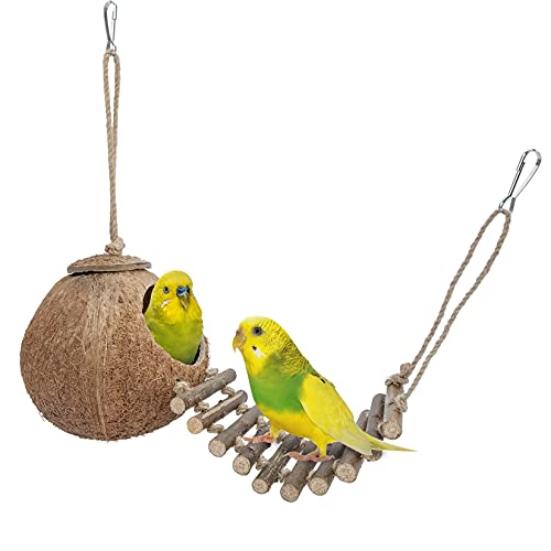Niteangel Natürliche Vogelnester Kokosnuss-Versteck mit Leiter, Vogel- und Kleintier-Spielzeug (Natürliche Oberfläche) von Niteangel
