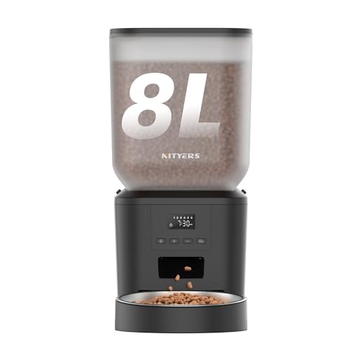 Futterautomat Katze, 8L Katzenfutter Automat, Futterspender für Katzen/Hunde, mit 304 Edelstahl-Schüssel und LCD-Display, 1-6 Mahlzeiten pro Tag, Bis zu 1-50 Portionen, Einfache Bedienung von Nityers