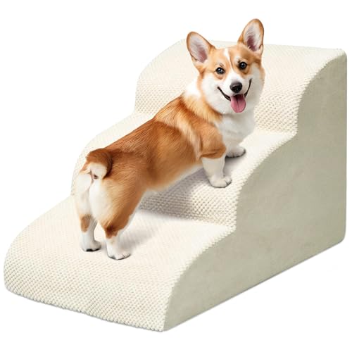Niubya Hundetreppe für Kleine Hunde, H40 cm, für Katzentreppe Hundetreppe Bett und Sofa, ältere und verletzte Haustiere, mit waschbarem Bezug und hochdichtem Schaumstoff (Beige, 3 Stufen) von Niubya