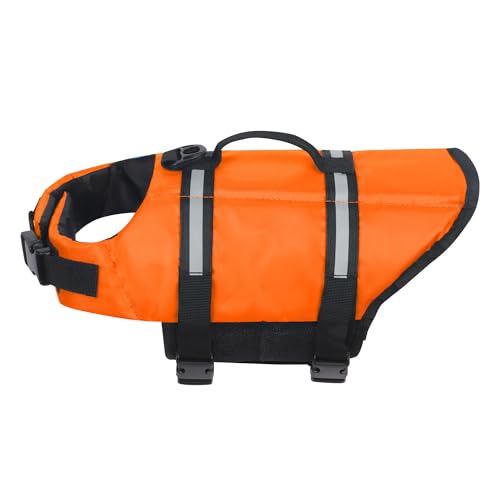 Niuoppy Hundeschwimmwesten für kleine Hunde, Schwimmen Hundeschwimmweste mit reflektierenden Streifen, Schwimmweste Welpen-Schwimmwesten (Orange, M) von Niuoppy