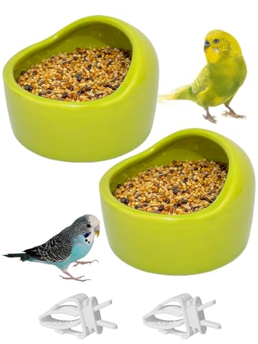 Niwaes 2 Stück Keramik-Vogelfutterschalen für Sittiche, Käfig, Wassernapf, Vögel, Futterschale für Papageien, Wasser-Futterspender für Käfig, mit 2 Kunststoff-Futterclips für Sittiche, Nymphensittiche von Niwaes