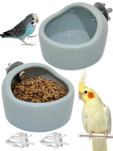 Niwaes 2 Stück Vogelschalen für Haustiere, mit Klemme, Keramik, Vogelkäfig, Futterschale zum Aufhängen, für Papageien, Vogelkäfig, Futternäpfe mit 2 Kunststoff-Futterklammern für Wellensittiche von Niwaes
