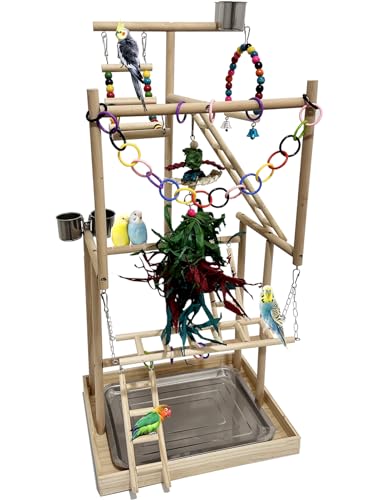 Niwaes 4-stöckiger großer Vogel-Spielplatz aus Holz mit Tabletts, Bechern, Leiter – Papageien-Spielständer, Vogel-Spielständer, Holz-Sitzstange für Papageien, Nymphensittiche – langlebig, mehrstufiges von Niwaes
