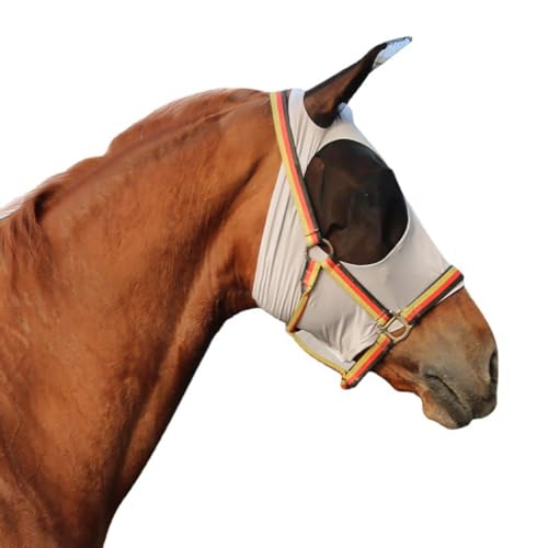Niwugady Fliegenmaske für Pferde mit Ohren, Netz, atmungsaktiv, eng anliegend, bequem, elastisch, große Netz-Augenabdeckungen, Pferdelaufschutz, Schutzhüllen, Größe M, Grau von Niwugady