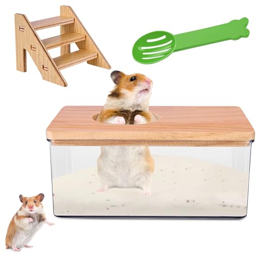 Nizirioo Transparentes Sand-Badezimmer für Hamster, Hamster Sandbadbox mit Leiter und Naturholzabdeckung und Schaufel, Hamster Badewanne Box, Haustier Hamster Badezimmer, für Hamster(Quadrat) von Nizirioo