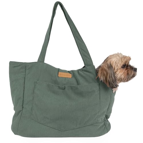 NoblePup Corduroy Hundetragetasche, leichte Baumwolle, weiche Seiten, Haustiertasche mit Sicherheitsgurt-Clip, atmungsaktive Reisetasche für kleine Hunde und Welpen (Grün) von NoblePup