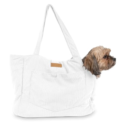 NoblePup Corduroy Hundetragetasche, leichte Baumwolle, weiche Seiten, Haustiertasche mit Sicherheitsgurt-Clip, atmungsaktive Reisetasche für kleine Hunde und Welpen (weiß) von NoblePup
