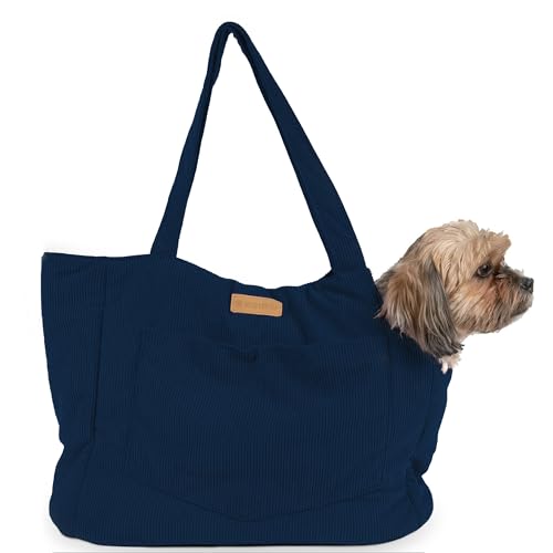NoblePup Corduroy Hundetragetasche, leichte Baumwolle, weiche Seiten, Haustiertasche mit Sicherheitsgurt-Clip, atmungsaktive Reisetrage für kleine Hunde und Welpen (Dunkelblau) von NoblePup
