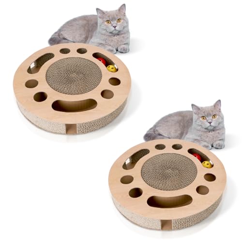 Nobleza 2 x Katzen kratzbrett mit Minze，Katzenspielzeug Interaktives mit 2 Klingelballs，3 in 1 Wellpappe Kratzmatte Katze von Nobleza