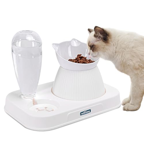 Nobleza-2 in 1 Katzennapf-Set，mit Automatischer Wasserflasche，Katzennapf Erhöht Fressnapf Katze mit 15° Neigung Design，mit Interaktiver Slow Feeder Futternapf Perfekt für Katzen，Weiß von Nobleza