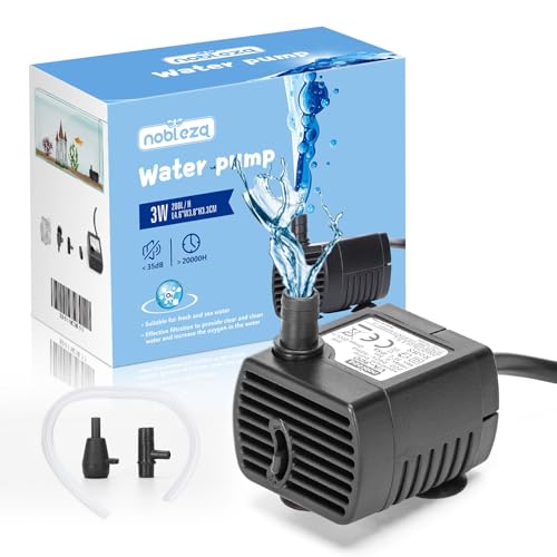Nobleza - Aquarium Pumpe Klein(200L/H, 3W), Wasserpumpe Tauchpumpe Ultra leise Geräusche, Aquariumpumpe mit 0.6 m Netzkabel, 2 Düsen für Aquarien, Teich, Brunnen, Statuen, Hydrokultur von Nobleza