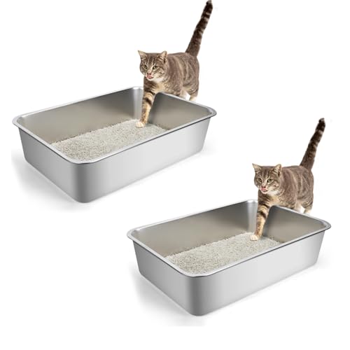 Nobleza Edelstahl Katzenklo XXL 60x40x15cm (2er-Pack), Großes Katzentoilette mit Anti-Rutsch Gummiboden, Hop-in Katzen Klo Ohne Deckel, Niemals Gerüche, Fleckfrei, Rostfrei, Antihaft Glatte Oberfläche von Nobleza