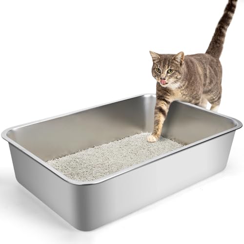 Nobleza Edelstahl Katzenklo XXL 60x40x15cm - Großes Katzentoilette mit Anti-Rutsch Gummiboden, Hop-in Katzen Klo Ohne Deckel, Niemals Gerüche, Fleckfrei, Rostfrei, Antihaft Glatte Oberfläche von Nobleza