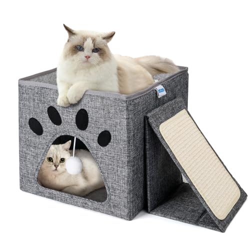 Nobleza Faltbare Katzenhöhle Katzenbett, 2 Schicht Katzen Würfel, Katzenhaus Indoor mit Abnehmbarem Kratzbrett und Plüschball, Katzenbett für Kleine und Mittelgroße Katzen, 35 x 30 x 30 cm, Grau Nobleza Faltbare Katzenhöhle Katzenbett, 2 Schicht Katzen Würfel, Katzenhaus Indoor mit Abnehmbarem Kratzbrett und Plüschball, Katzenbett für Kleine und Mittelgroße Katzen, 35 x 30 x 30 cm, Grau von Nobleza