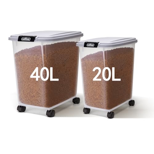 Nobleza - Futterbehälter für Haustiere, 20 L+40 L, für Haustiere, Lebensmittelbox mit Rädern, Klappdeckel, Luftdicht, Transparent, Rollen und Schaufel, für Hunde und Katzen, Grau von Nobleza