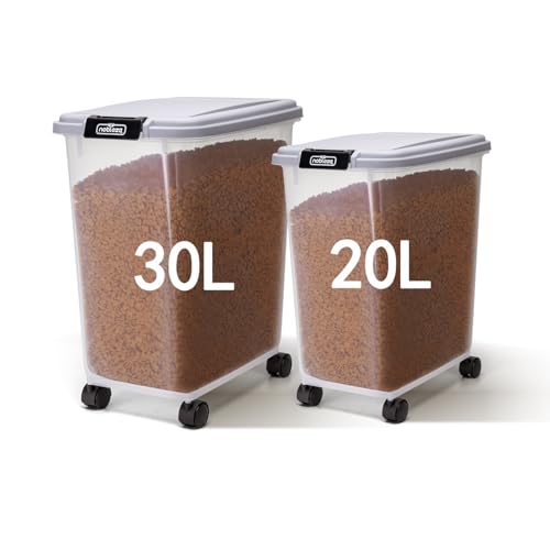 Nobleza - Futterbehälter für Haustiere, 20L+30L, für Haustiere, Lebensmittelbox mit Rädern, Klappdeckel, Luftdicht, Transparent, Rollen und Schaufel, für Hunde und Katzen, Grau von Nobleza