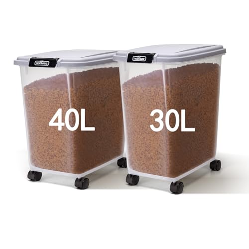 Nobleza - Futterbehälter für Haustiere, 30+40L, für Haustiere, Lebensmittelbox mit Rädern, Klappdeckel, Luftdicht, Transparent, Rollen und Schaufel, für Hunde und Katzen, Grau von Nobleza