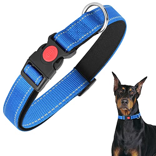 Nobleza Hundehalsband, Weich Gepolstertes Neopren Hunde Halsbänder mit Sicherheitsschnalle, Verstellbares Reflektierendes Nylon Hundehalsband Große Hunde (L, Blau) von Nobleza