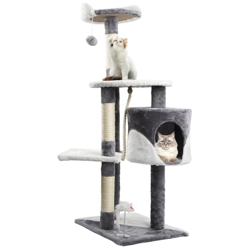 Nobleza Katzen Kratzbaum, Höhe 118.5 cm, Katzenbaum, 3 Plattformen, 1 Höhle, 1 Pompon, 1 Plüschtier, Grau von Nobleza