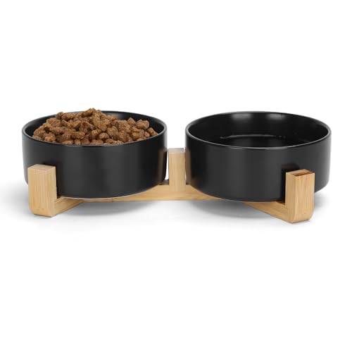 Nobleza - Keramik Hundenapf Katzennapf 2 x 900ML Futternapf für Hund Katzen mit Massivholz Ständer, rutschfest, für Katzen und kleine Hunde (Schwarz) von Nobleza