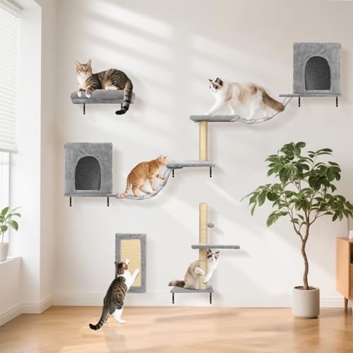 Nobleza Kletterwand Katzen 6 Set, 2 Katzenhäuser mit stabilen Kratzsäulen, Hängebrücke & festem Kratzbrett - Stabiles Katzen wandelemente für Schlafen, Spielen, Lounging bis 10 kg von Nobleza
