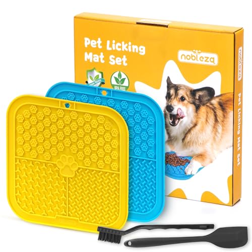 Nobleza Leckmatte für Hund, 2 Stück, Mit Silikon Spatel und Bürste, Slow Feeder Leckmatte für Baden, Lick Mat für Katze Welpen, Gelb und Blau von Nobleza