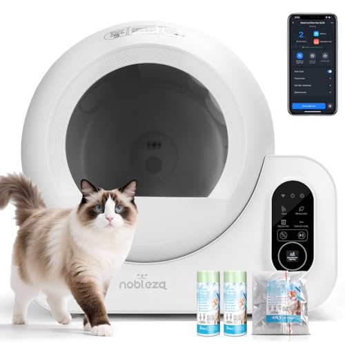 Nobleza Selbstreinigende Katzentoilette SL02 70Liter - Triple Geruchsschutz, App-Steuerung, Anti-Einklemm- & Auslaufsicher + 2 Müllbeutel-Rollen für Mehrkatzenhaushalte von Nobleza