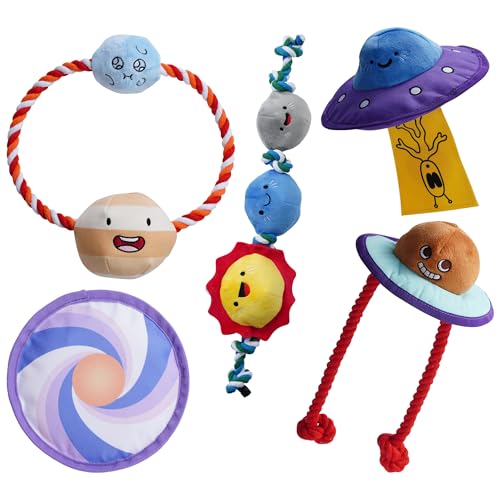 Nocciola Hundespielzeug mit Weltraum-Thema: 5 Packungen langlebiges, quietschendes Plüsch-Kauspielzeug mit fliegender Scheibe, lustiges interaktives robustes Seil, Welpenzubehör für kleine, von Nocciola