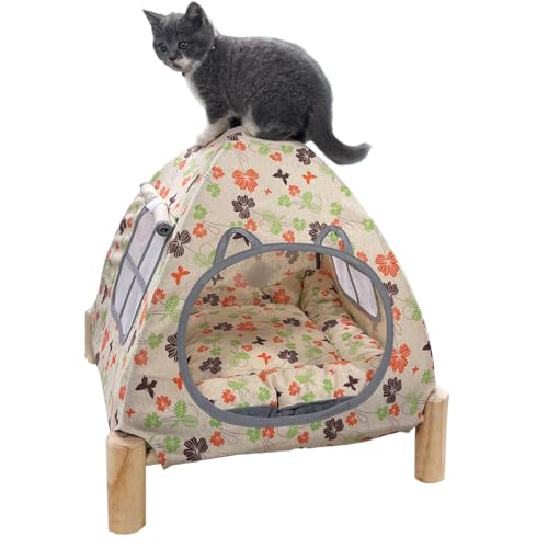 Nockovi 2-in-1 Katzenzelt Holzrahmen Katzenbett Schnelle Montage und Demontage Tragbares Indoor/Outdoor Haustierzelt Haus für Katzen, Welpen und andere Kleintiere-Schmetterlinge und Blumen von Nockovi