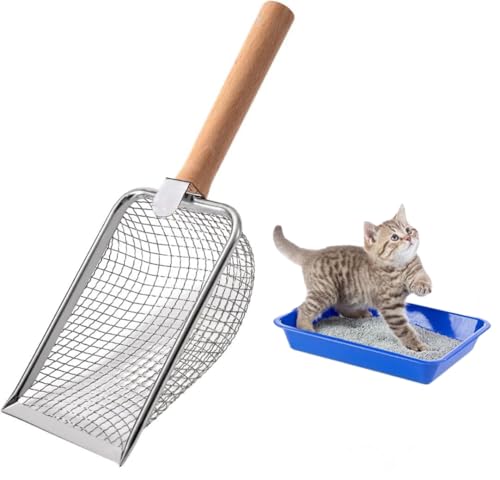 Nokwocy Katzenstreuschaufel, Katzenklo Schaufel Metall, Katzenstreu Schaufel mit Holzgriff, 4mm Porengröße Metall Katzenschaufel,katzenschaufel für katzenklo von Nokwocy
