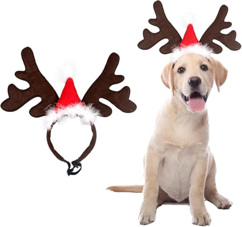 Weihnachtliches Haustier-Kopfband, Rentier-Geweih-Kostüm,Weihnachtsartikel für Haustiere, Verstellbarer Haarreif mit Weihnachtsmütze, Elch Kopfbedeckung, Braun, Baumwolle und Plüsch, 32cm x 26cm von Nokwocy