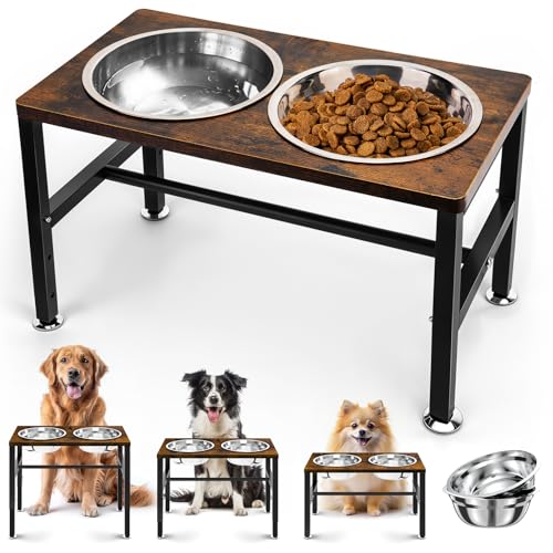 NomNest Erhöhte Hundenäpfe, 3 höhenverstellbar, erhöhter Wassernapf aus Holz, Metallständer, 1,2 l, Edelstahlnäpfe für große, mittelgroße und kleine Hunde von NomNest