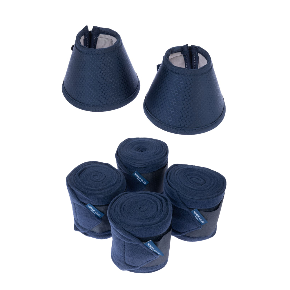 Nomad Tales Pferdebandagen aus Fleece, marineblau Sparpaket Pony: Bandagen (4er Set) & Hufglocken aus Elastan (2er Set) von Nomad Tales