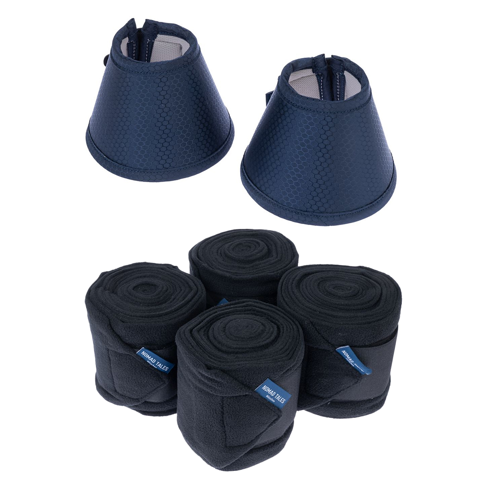 Nomad Tales Pferdebandagen aus Fleece, schwarz - Sparset: Bandagen Pony (4er Set) + Hufglocken aus Elastan, Gr. S (2er Set) von Nomad Tales