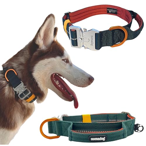 Nomadog Trailblazer Hundehalsband mit Griff für Große Hunde - Premium Aluminium Schnalle, Strapazierfähiges taktisches Halsband, Verstellbar, Gepolstert, Reflektierend (L) von Nomadog