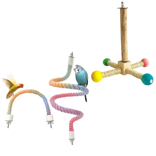Buntes Vogelsitz-Set mit drehbarem Holzständer für kleine, mittelgroße Vögel, drehbare Sitzstange, biegbare Seilstangen, Käfigzubehör für Sittiche, Sittiche, Sittiche, Nymphensittiche, einfache Buntes Vogelsitz-Set mit drehbarem Holzständer für kleine, mittelgroße Vögel, drehbare Sitzstange, biegbare Seilstangen, Käfigzubehör für Sittiche, Sittiche, Sittiche, Nymphensittiche, einfache von Nopikku