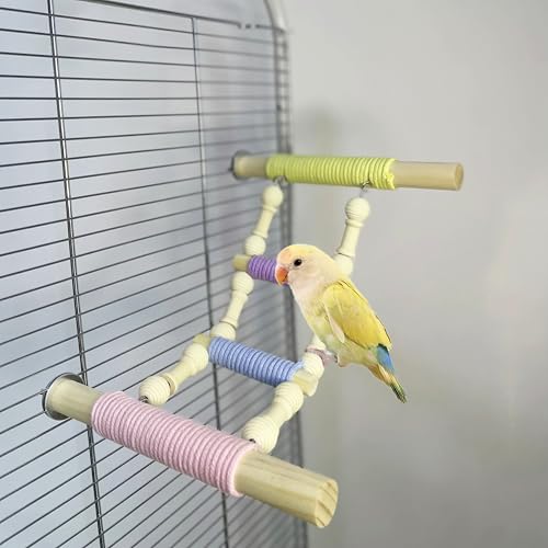 Nopikku 4-stufige bunte Vogelleiter-Sitzstange mit Schrauben für Sittiche, Nymphensittiche, Nymphensittiche, Lovebirds – Naturholz und Baumwollseil, Kletterspielzeug für Vogelkäfig (Schraubbefestigung von Nopikku