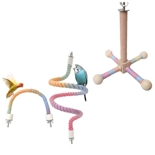 Vogelständer Drehstange mit Seil-Sitzstange für kleine, mittelgroße Vögel, drehbare Holzstange mit bunten, biegbaren Seilsitzstangen für Sittiche, Nymphensittiche, Nymphensittiche, Wellensittiche Vogelständer Drehstange mit Seil-Sitzstange für kleine, mittelgroße Vögel, drehbare Holzstange mit bunten, biegbaren Seilsitzstangen für Sittiche, Nymphensittiche, Nymphensittiche, Wellensittiche von Nopikku