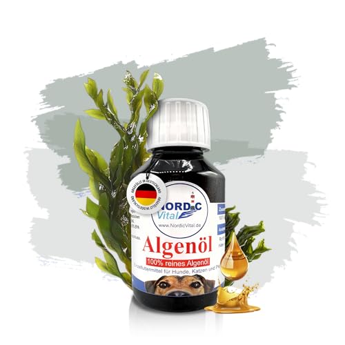 NordicVital Premium Algenöl 100ml für Hunde, Katzen & Pferde – 100% Vegan - Hochkonzentriertes Omega 3, EPA & DHA - Natürliches Barf Öl aus Algen für Fell & Haut – Abgefüllt in Deutschland von NordicVital
