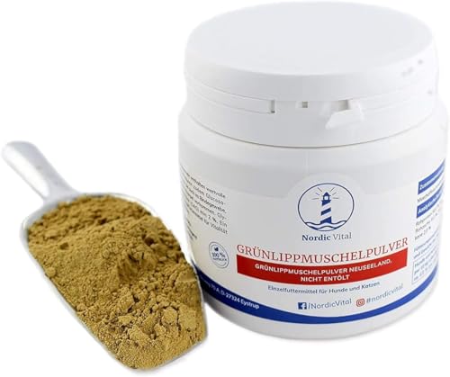 Grünlippmuschelpulver 300 g Für Hunde und Katzen – 100% aus Neuseeland – Nicht entfettete, natürliche Premiumqualität, Glykosaminoglykane (Gag) min 2% von NordicVital