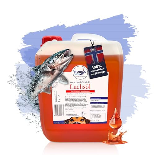 NordicVital Premium Lachsöl Hunde & Katzen 5 Liter Kanister – 100% Natürliches Fischöl/Fish Oil aus Norwegen Lachs – Omega 3&6 Fettsäuren hochdosiert – Barf Öl abgefüllt in Deutschland von NordicVital