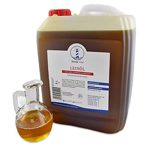 NordicVital 5 Liter Kanister Leinöl 100% frisch, Premiumqualität für Pferde, Hunde, Katzen - Leinsamenöl direkt aus erster Kaltgepressung perfekt zum Barfen von NordicVital