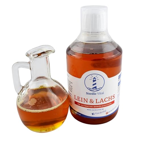 NordicVital Leinöl & Lachsöl 500ml Flasche Barföl Mischung für Hunde & Katzen – Omega 3, 6 und 9 – Naturprodukt & ohne Zusätze Perfekt zum Barfen von NordicVital