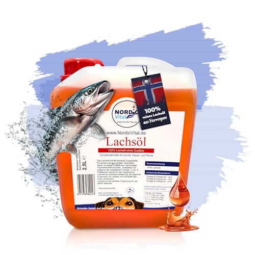 NordicVital Premium Lachsöl Hunde & Katzen 2,5 Liter Kanister – 100% Natürliches Fischöl/Fish Oil aus Norwegen Lachs – Omega 3&6 Fettsäuren hochdosiert – Barf Öl abgefüllt in Deutschland von NordicVital