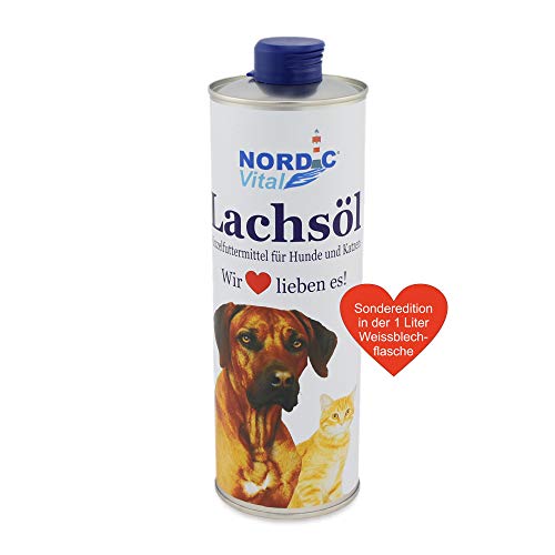 NordicVital Lachsöl 1 Liter Premium Fischöl für Hunde & Katzen - reich an Omega-3 und Omega-6 Fettsäuren, Fischöl ohne Zusätze, Barf Ergänzung, Naturprodukt von NordicVital